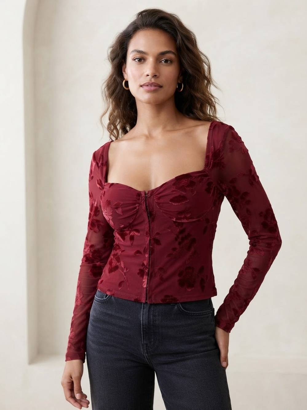 Madden NYC Velvet Burnout Floral Corset Top Long Sleeve Red Rhubarb Blouse XL